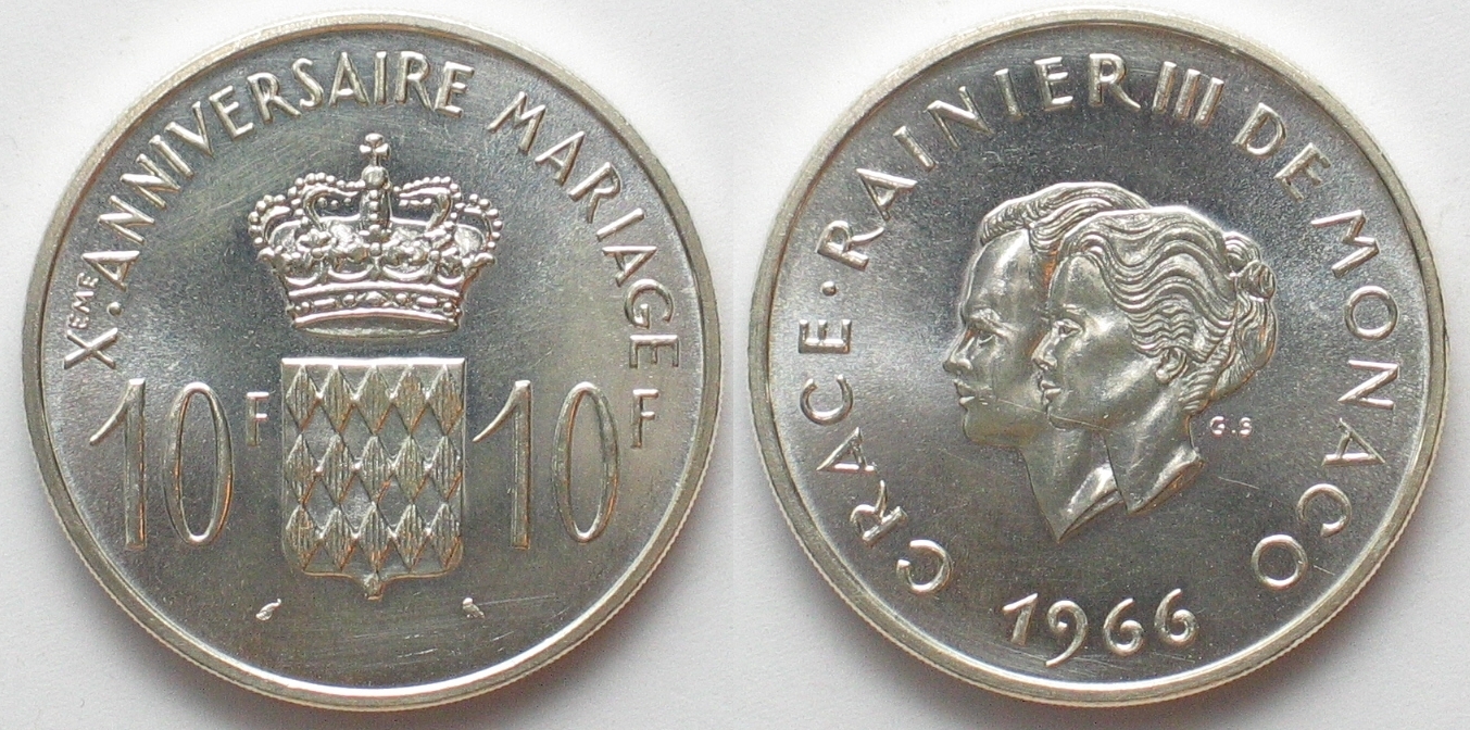 MONACO 10 Francs 1966 HOCHZEIT V RAINIER III GRACE KELLY Silber Unz