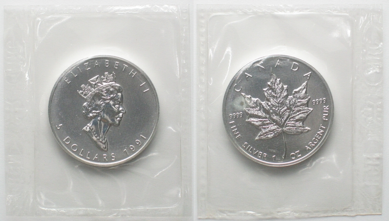 KANADA 5 Dollars 1991 MAPLE LEAF Silber 1 Unze OVP Stgl MA Shops