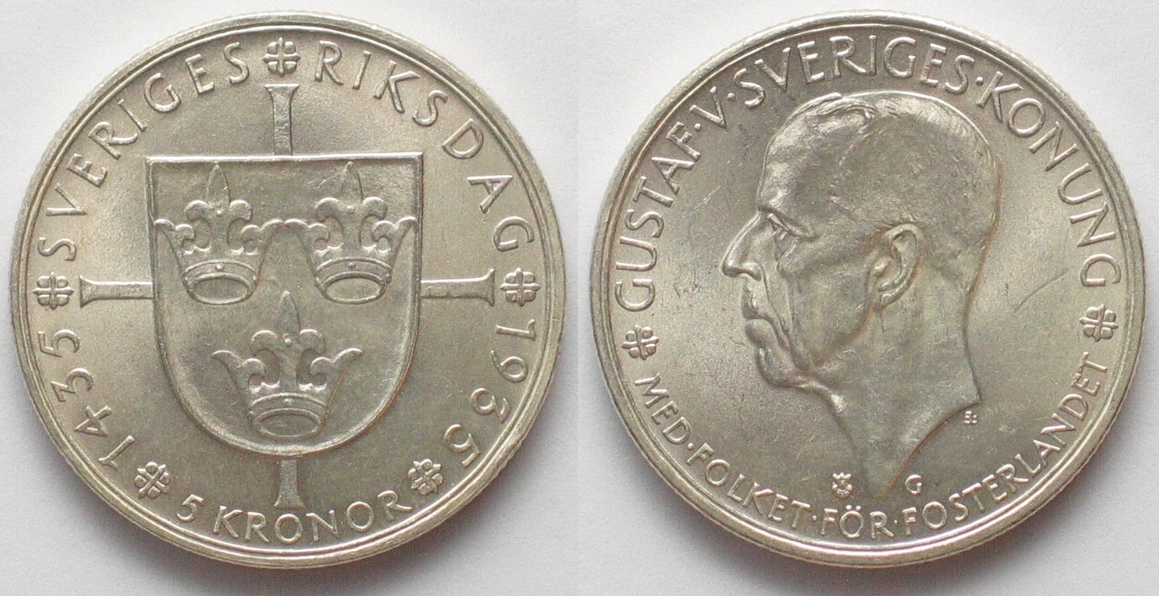 SCHWEDEN 5 Kronor 1935 GUSTAF V 500 Jahre Riksdag Silber ERHALTUNG