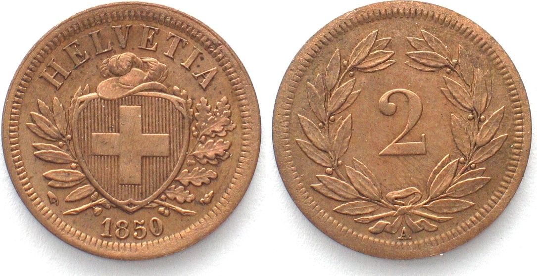 Schweiz EIDGENOSSENSCHAFT 2 Rappen 1850 Bronze ERHALTUNG 39803 F