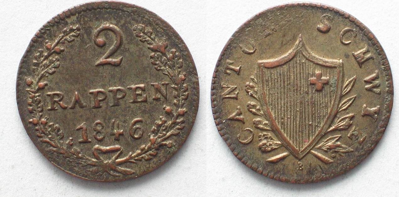 Schweiz Schwyz SCHWYZ 2 Rappen 1846 Billon ERHALTUNG 97316 F Unz