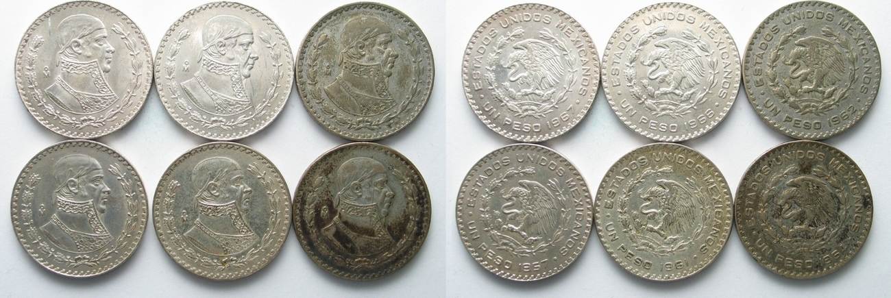 1957 1967 MEXIKO Lot 6 X 1 Peso 1957 61 62 64 66 67 MORALES Y PAVON