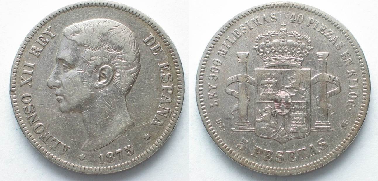 SPANIEN 5 Pesetas 1875 ALFONSO XII Silber 98412 Ss MA Shops