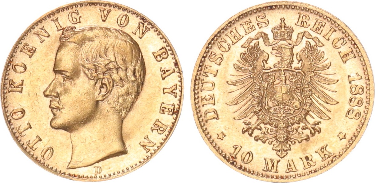 Bayern 10 Mark 1888 König Otto 1886 1913 vz st MA Shops