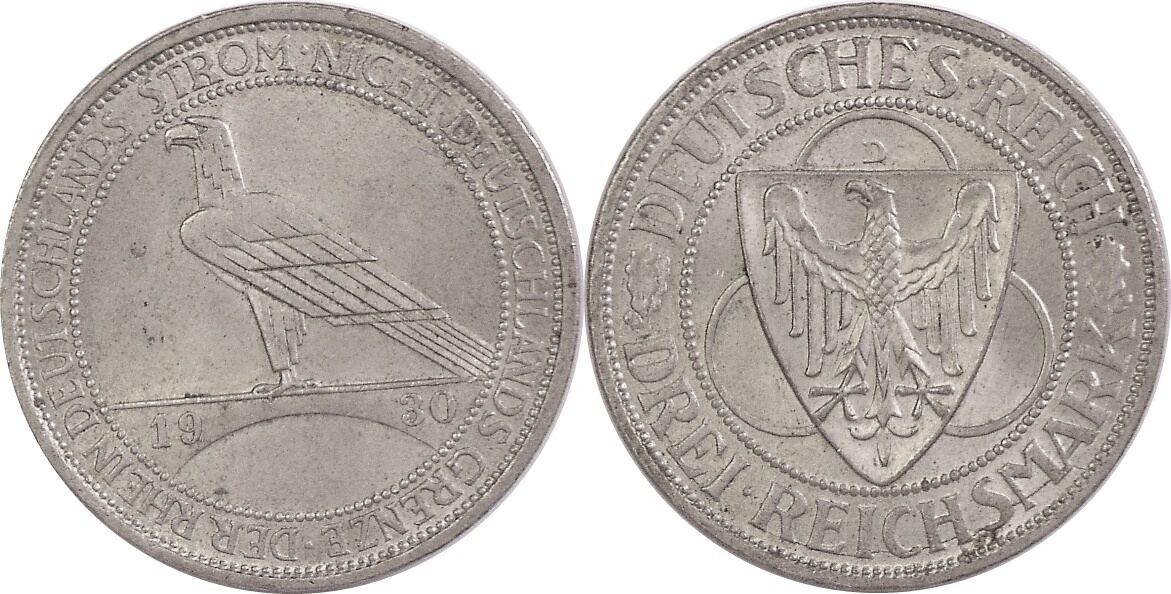 Weimarer Republik 3 Reichsmark 1930 D Zur Rheinland Räumung ss vz