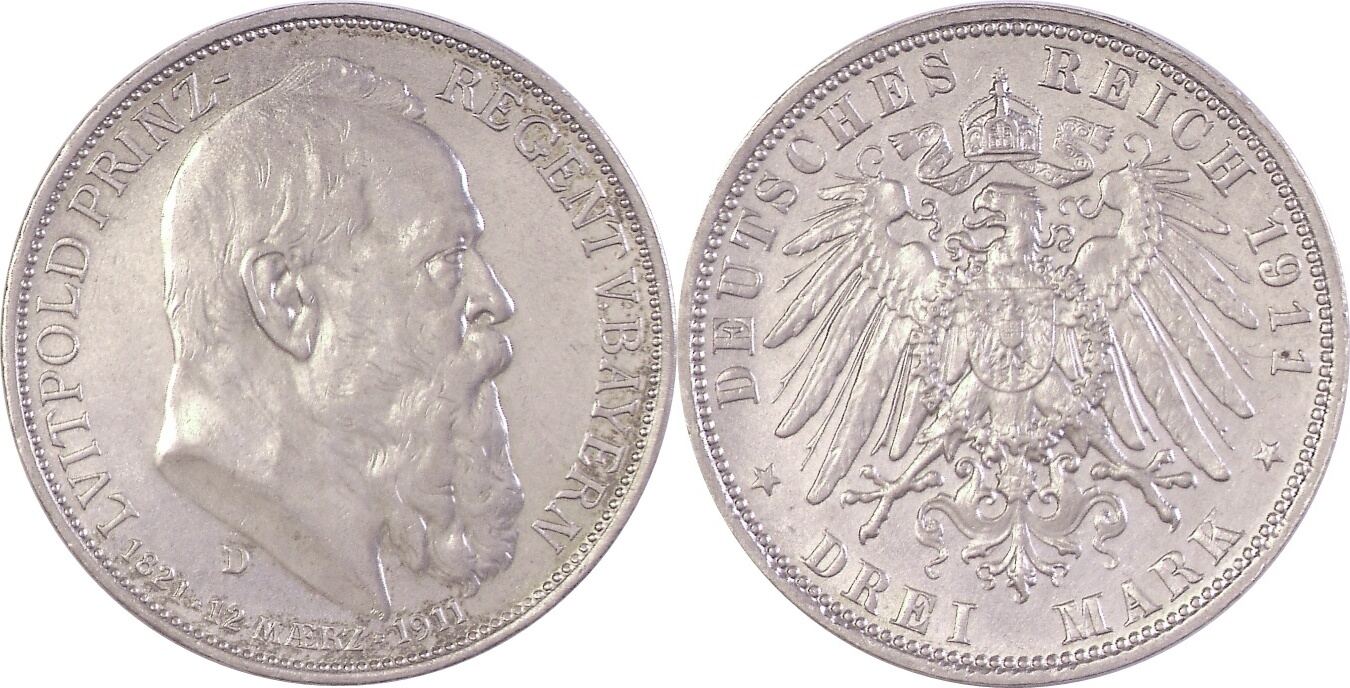 Deutschland Kaiserreich Bayern 3 Mark 1911 D Luitpold 1886 1912 D