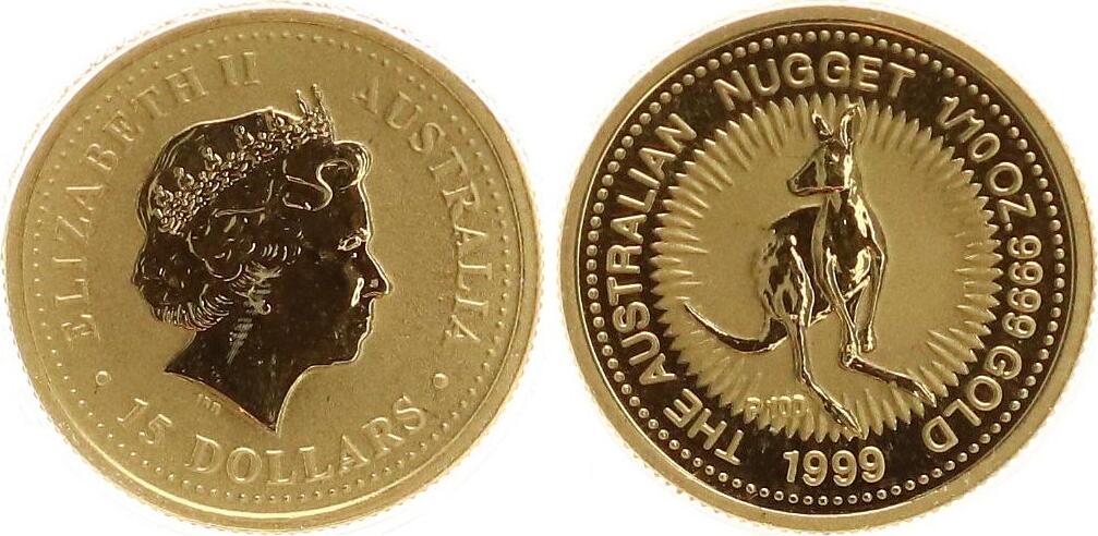 Australien 15 Dollars 1999 Känguru 1 10 Unze Gold in Münzkapsel st