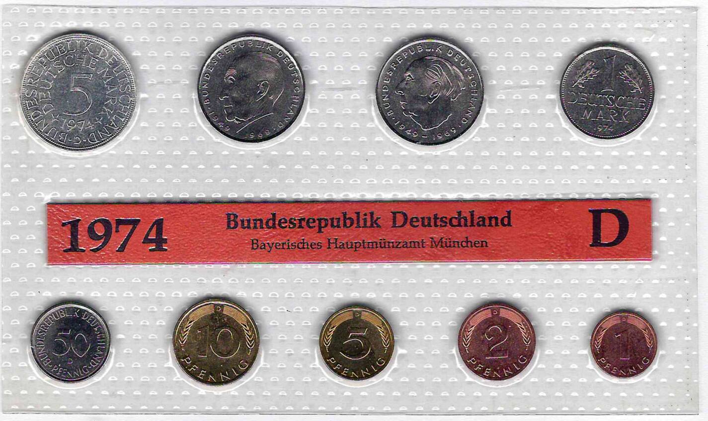 Deutschland Kursmünzensatz KMS 1974 D 1 Pfennig bis 5 Mark 10 68 DM