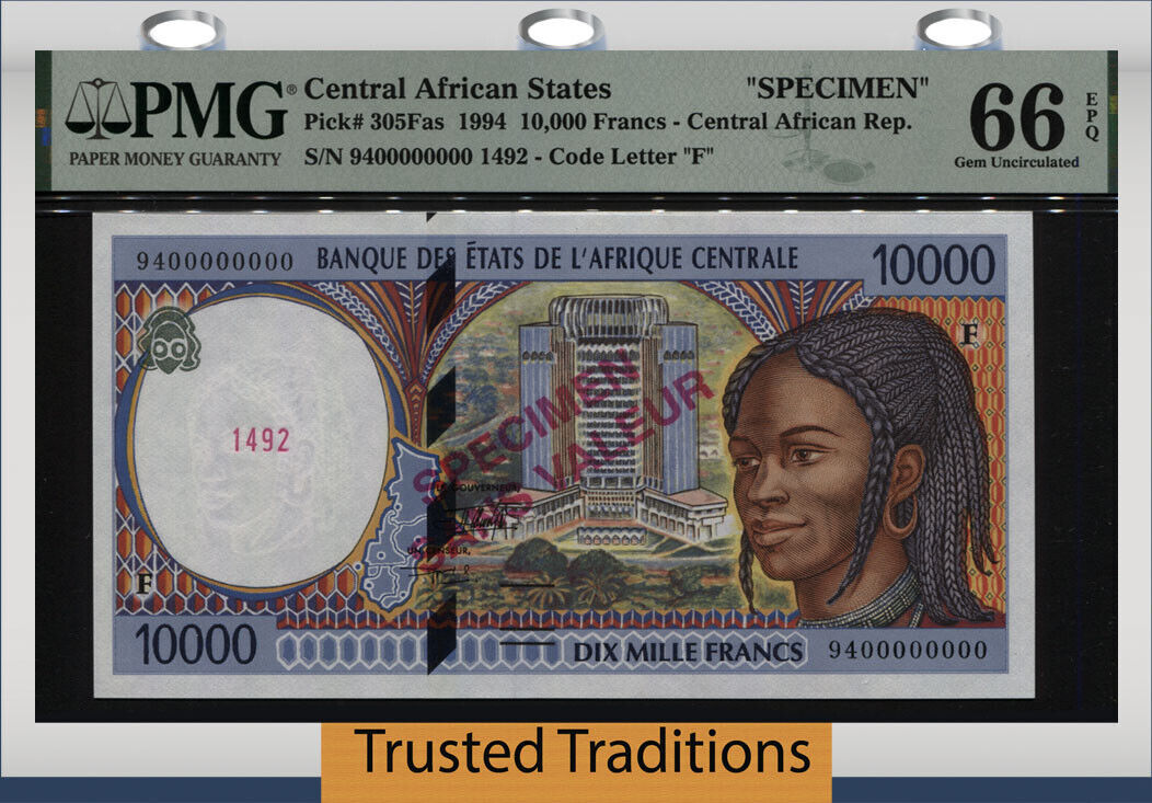 Welt Banknoten 10000 FRANCS 1994 TT PK 305Fas CENTRAL AFRICAN SPECIMEN