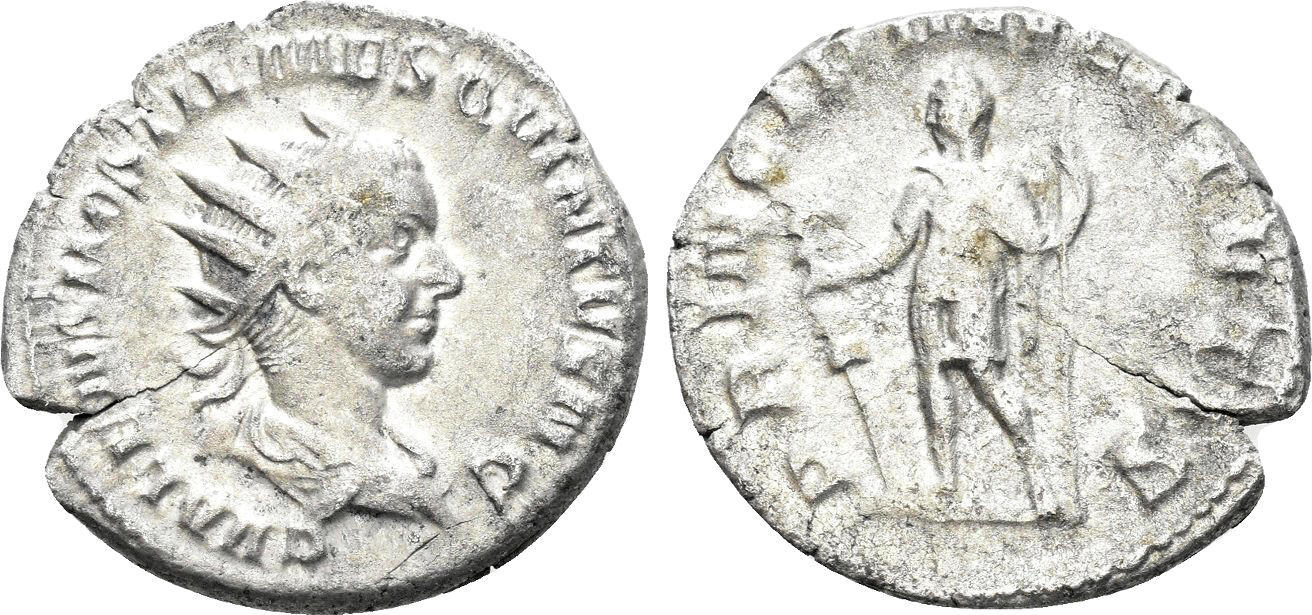 Roman Empire Antoninianus Hostilian As Caesar Ad Prince Holding