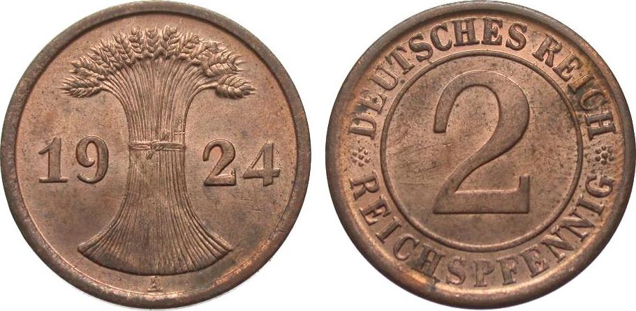 Weimarer Republik 2 Pfennig 1924 A vorzüglich Stempelglanz MA Shops