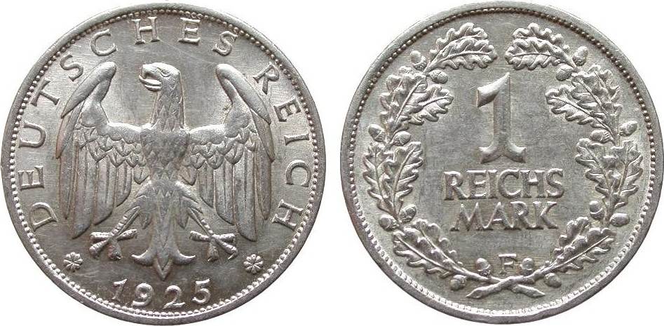 Weimarer Republik 1 Mark 1925 F besser als vorzüglich MA Shops