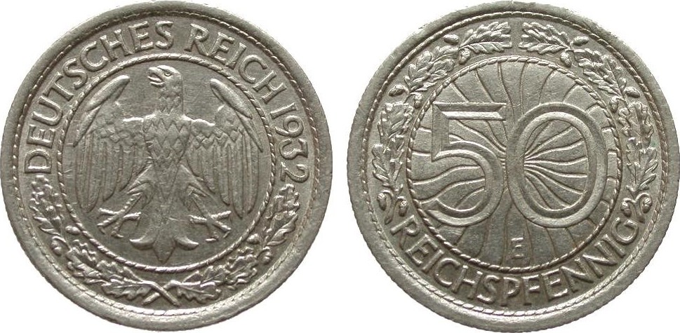 Weimarer Republik 50 Pfennig 1932 E wz Randfehler fast vorzüglich