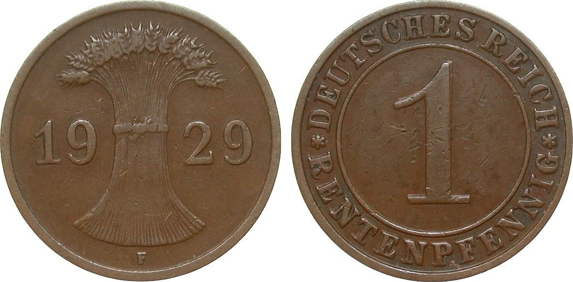 Weimarer Republik 1 Rentenpfennig 1929 F sehr schön MA Shops