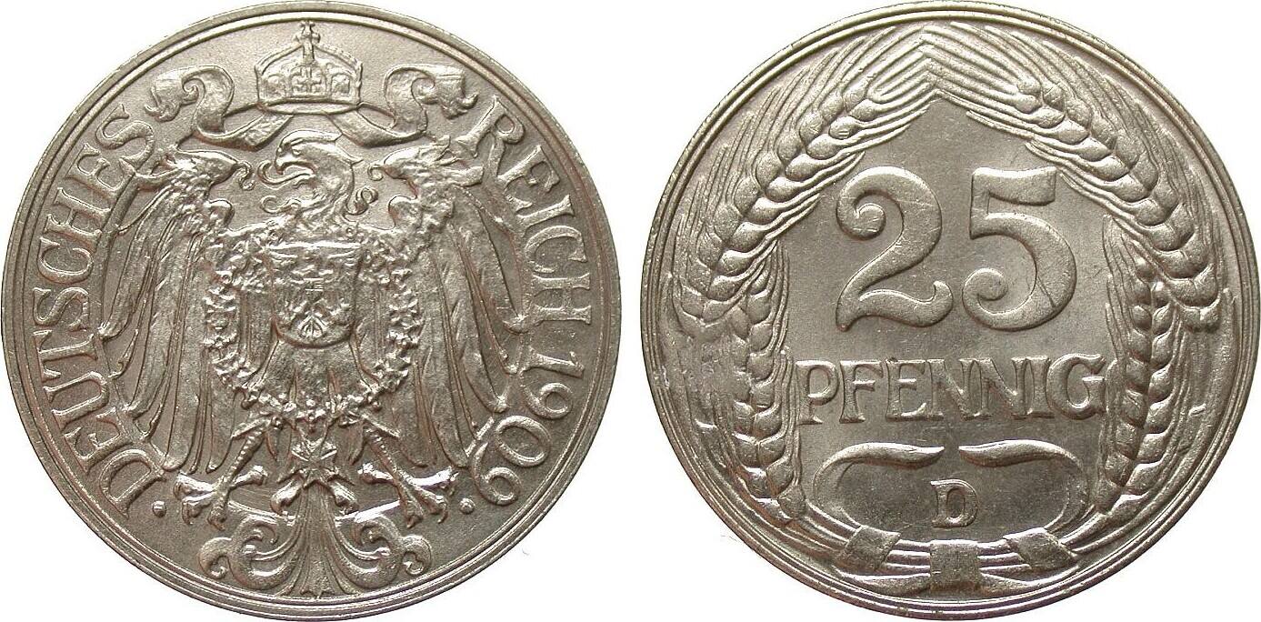 Kaiserreich 25 Pfennig 1909 D vorzüglich Stempelglanz MA Shops