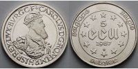 Belgien 22,96g roh<br> 37mm Ø 5 ECU Belgien 1987, 1. Ecu-Münze weltweit, Kaiser Karl V., <b>-Archivbild-</b>