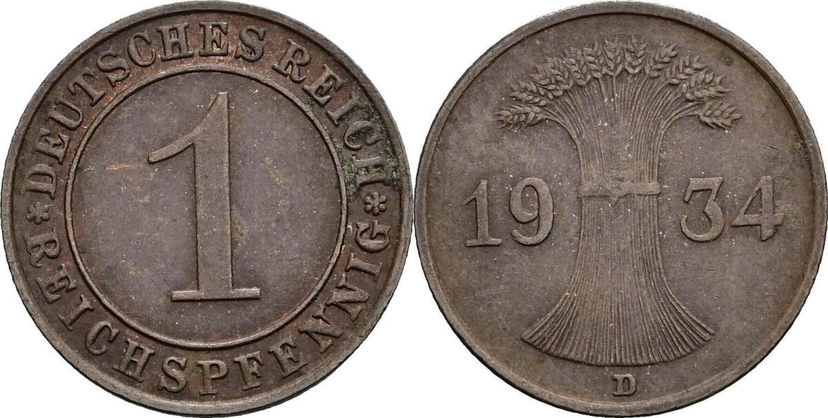 Deutsches Reich 1 Pfennig 1934 D Ss MA Shops