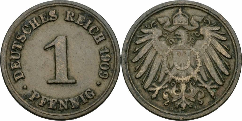 Deutsches Reich 1 Pfennig 1909 D München Großer Adler Kaiserreich