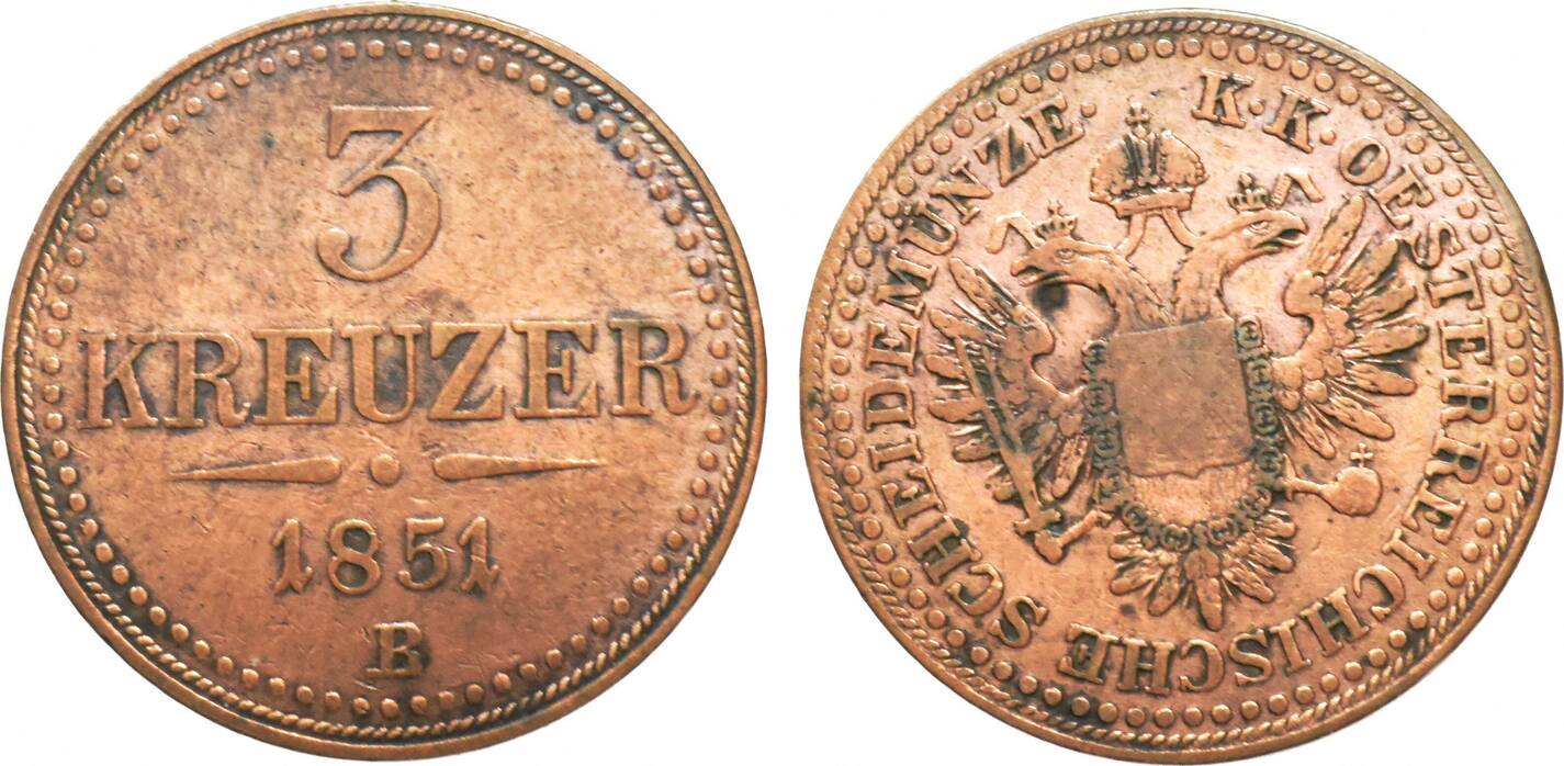 Österreich 3 Kreuzer 1851 B Ss | MA-Shops