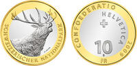 10 Franken 2009 Schweiz Gedenkmünze 10 Fr. Rothirsch (Schweizerischer Nationalpark) unz