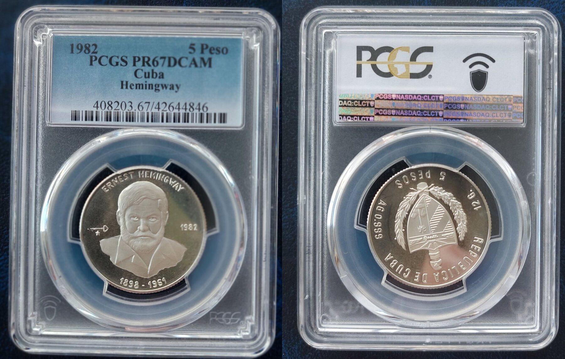 5 PESOS CUBA SILVER PROOF 5 PESO COIN 1982 YEAR KM 96 ERNEST HEMINGWAY 5-pesos-cuba-silver-proof-5-peso-coin-1982-year-km-96-ernest-hemingway