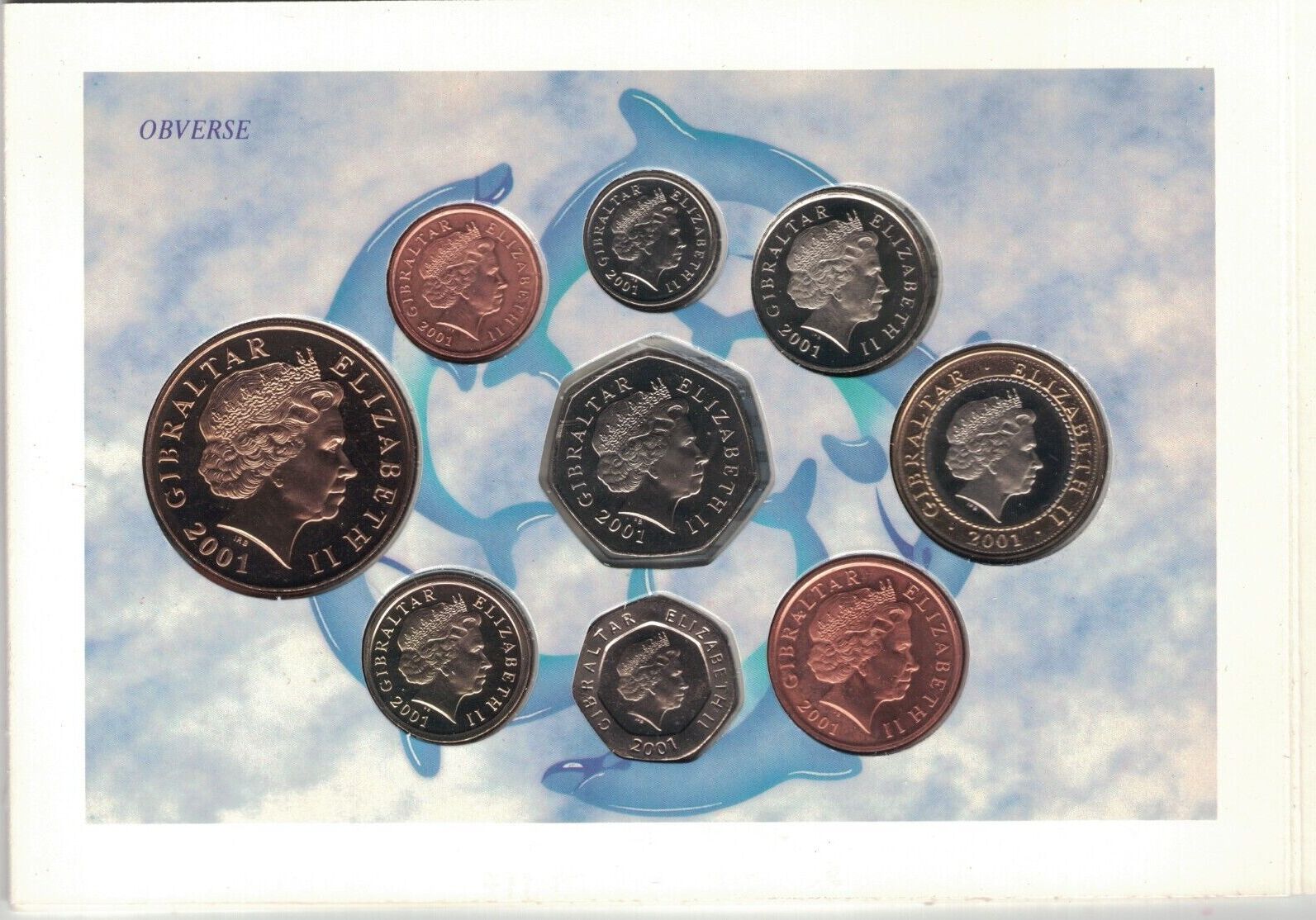 1 PENNY 2001 GIBRALTAR RARE DIF 9 UNC COINS MINT SET - 5 POUNDS YEAR ...