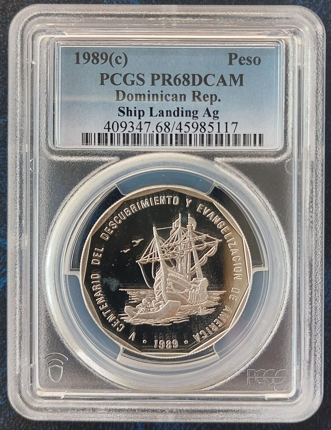 1 PESO 1989 DOMINICAN SILVER PROOF COIN YEAR KM 74a SHIP PIEDFORT PCGS 1-peso-1989-dominican-silver-proof-coin-year-km-74a-ship-piedfort-pcgs
