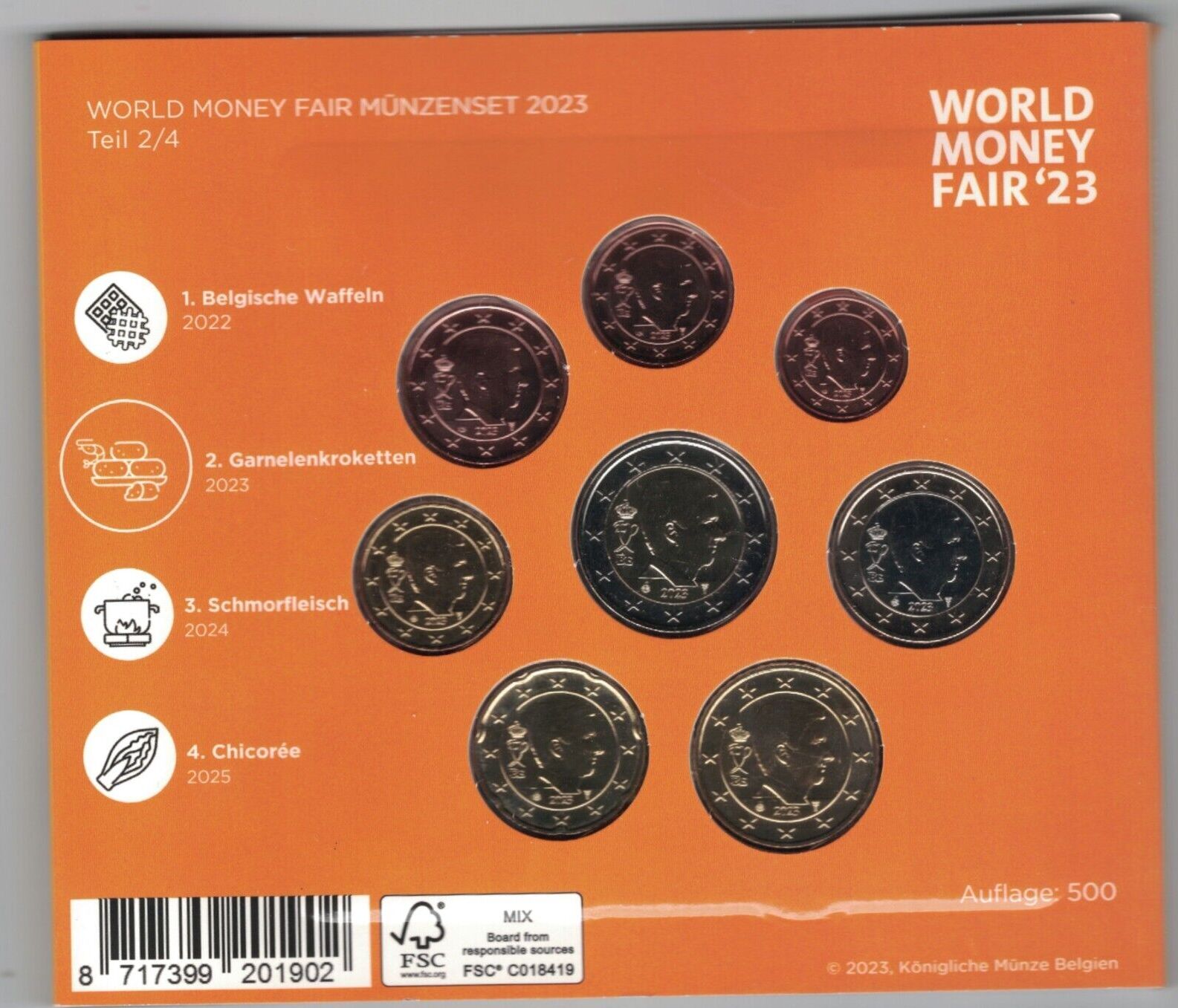 2 EURO BELGIUM 8 BU COINS BANK SET 0.01 2023 YEAR WORLD MONEY FAIR 500