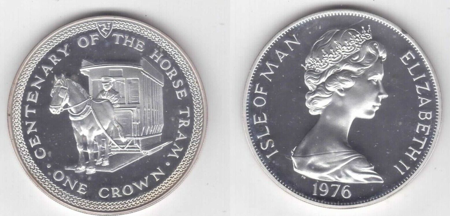 1 CROWN 1976 ISLE OF MAN SILVER PROOF COIN YEAR HORSE DRAWN TRAM KM#38a ...