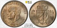  NORWAY   UNC COIN YEAR KM#412 OLAV V PCGS GRADING MS66 TOP POP  5 KRONER 1967 