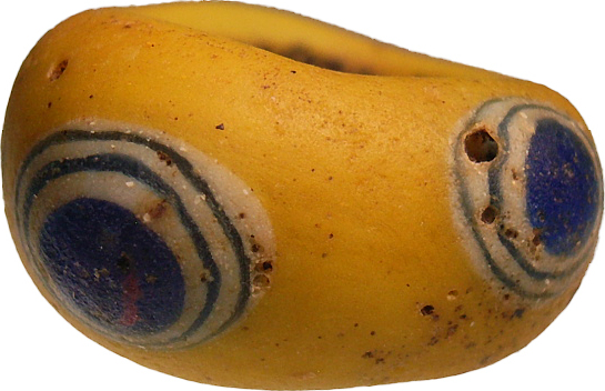 RARITÄT Römische Augenperle, Schmuckperle aus gelbem Glas mit blauen