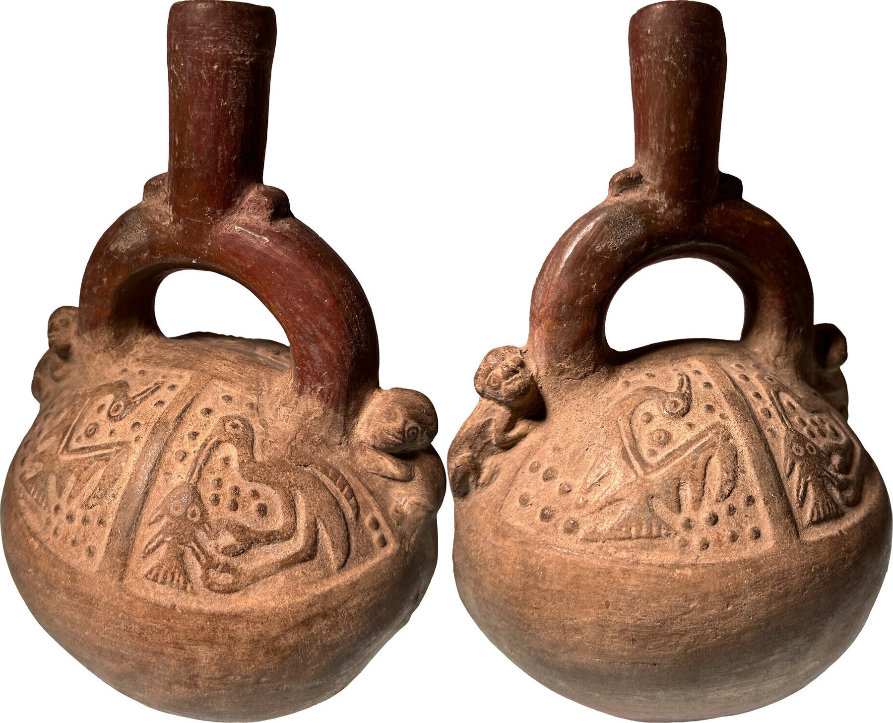 Präkolumbisch Steigbügelgefäß mit Vogelverzierung, Südamerika Moche