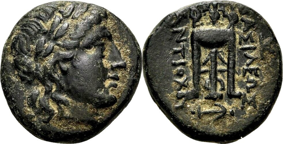 Greek 261 246 B C ANTIOCHOS II AE16 EF Apollo Tripod MA Shops greek-261-246-b-c-antiochos-ii-ae16-ef-apollo-tripod-ma-shops