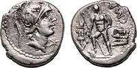 Roman Republic 96 BC C. Malleolus, A. Albinus Sp.f., and L. Caecilius Metellus AR Denarius. EF-/EF.