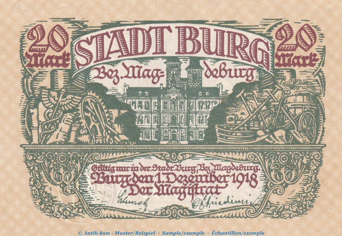 Großnotgeld 20 Mk. Burg, Notgeld 20 Mark Schein In Kfr.E Geiger 073.03 ...