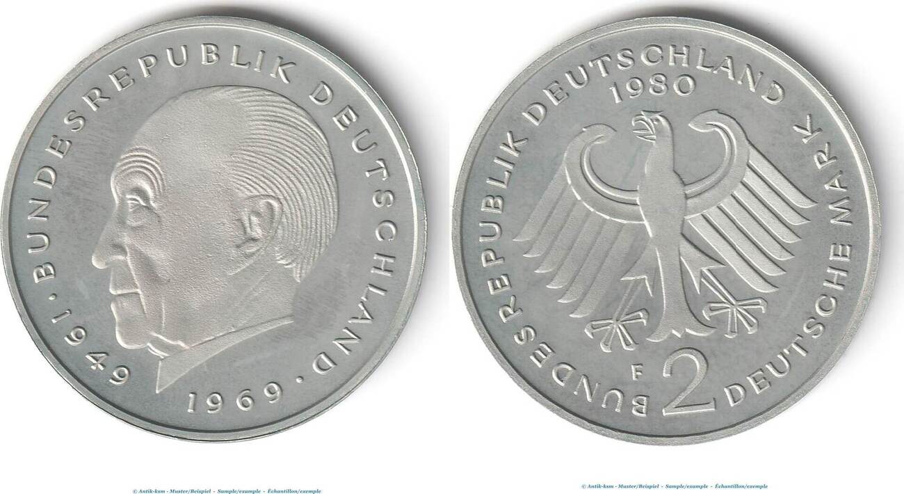 2 Mk. Kursmünze Deutschland, 2 Mark Münze Konrad Adenauer 1980 F, stgl, J.406