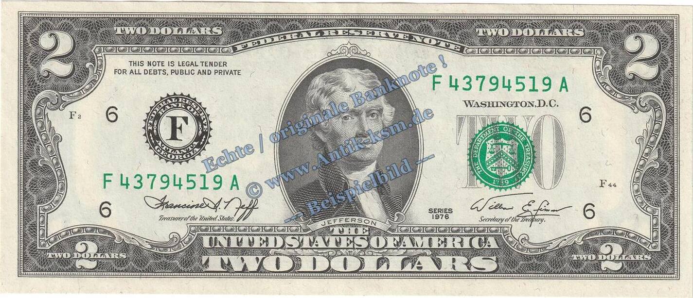 Banknote Amerika / USA USA, 2 Dollar Schein in kfr. P.461 von 1976, vereingte Staaten von