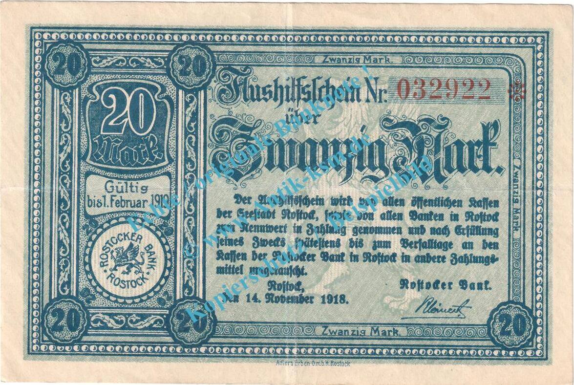 Wer War Auf Dem 20 Mark Schein Großnotgeld 1918 20 Mk. Rostock, Banknote 20 Mark Schein in gbr. Geiger