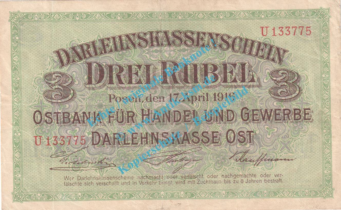 Kaiserreich WW1 Russland Banknote, 3 Rubel Schein 1916 In Gbr. EWK-36.b ...