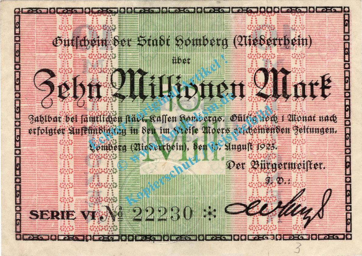 Inflation DE 10 Mio. Mk. Homberg, Banknote 10 Millionen Mark Schein in ...