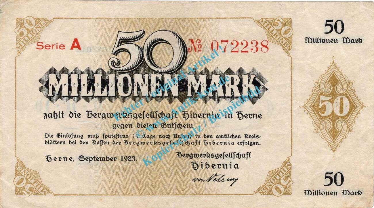 Inflation DE 50 Mio. Mk. Herne, Banknote 50 Millionen Mark Schein in ...