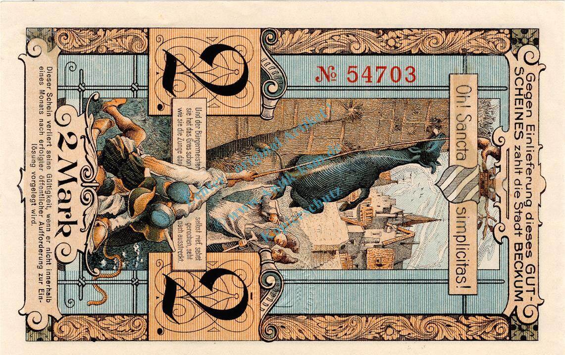 Großnotgeld 1918 DE 2 Mk. Beckum, Banknote 2 Mark Schein unc-kfr ...