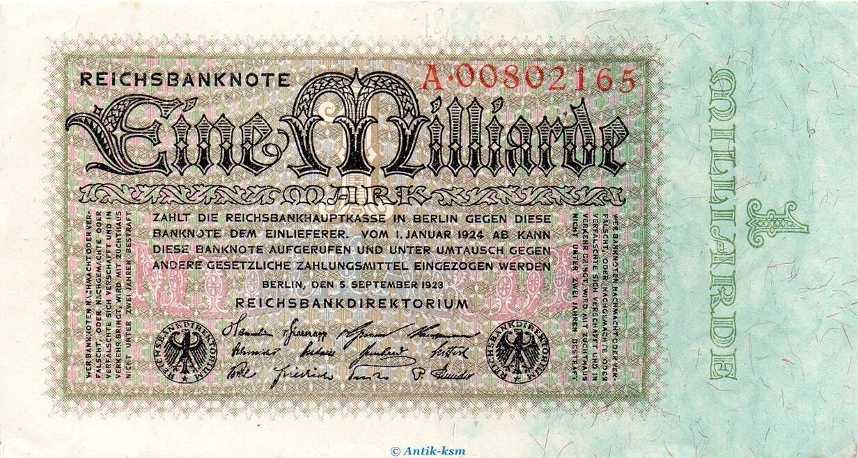 Banknoten Deutschland 1923 Reichsbanknote, 1 Milliarde Mark Schein in