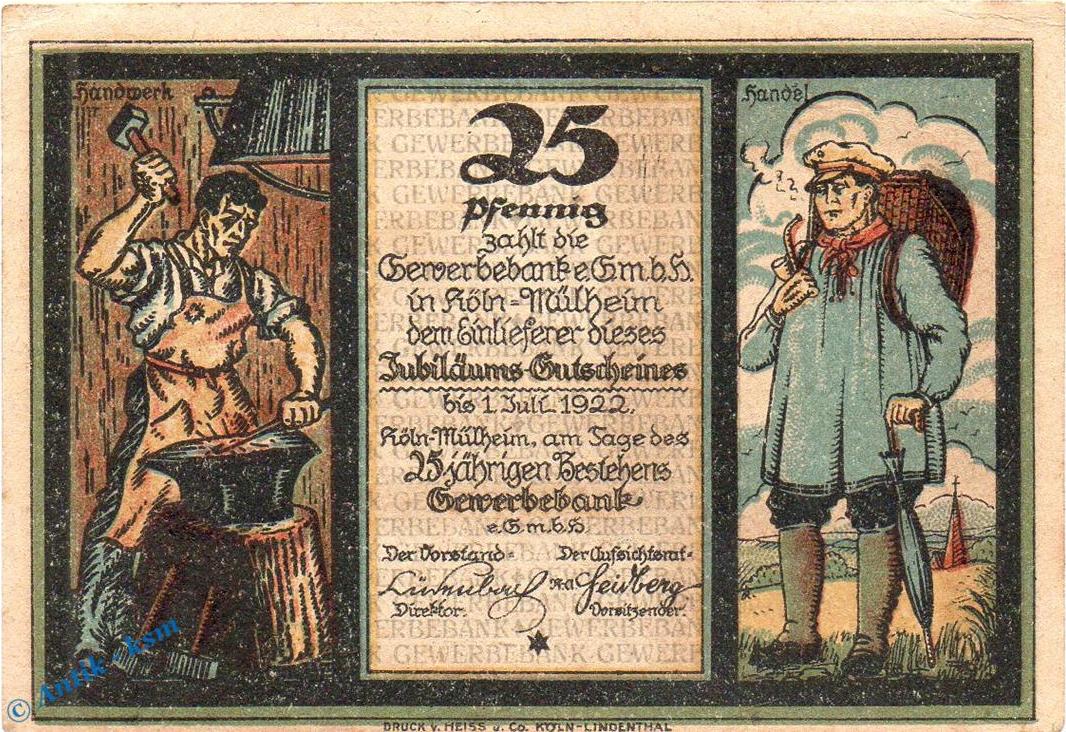 Seriennotgeld Deutschland O D 1922 Gewerbebank Koln Muhlheim 25 Pfennig Schein In Kfr Bauer M 7 2 Kassenfrisch Ma Shops