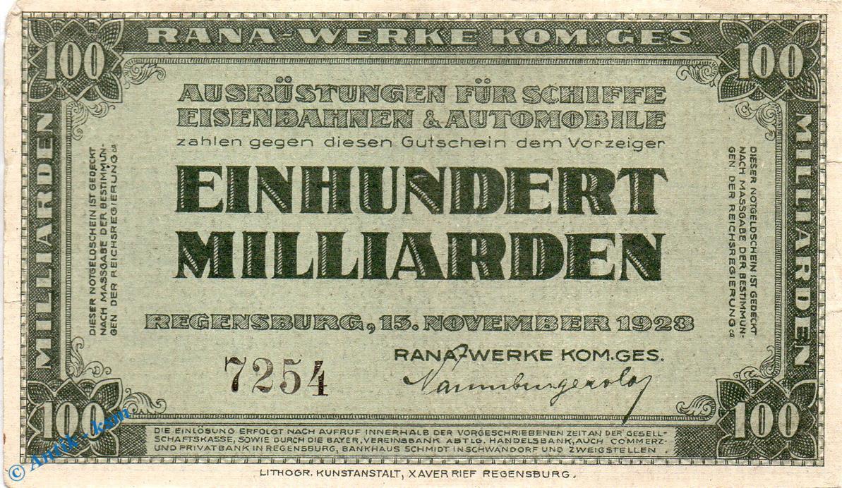 Grossnotgeld Inflation 15 11 1923 Rana Werke Stadt Regensburg 100 Milliarden Mark Schein In Gbr Keller 4475 3 Kl Einriss Ma Shops