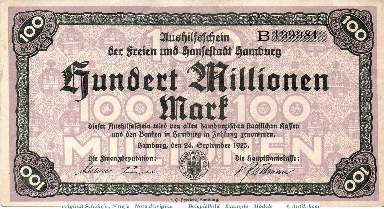 Inflation Deutschland 1923 Banknote Hamburg, Finanzdep. 100 Millionen ...