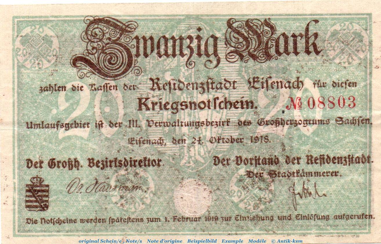 Großnotgeld 1918 20 Mk. Banknote Der Stadt Eisenach, 20 Mark Schein In ...