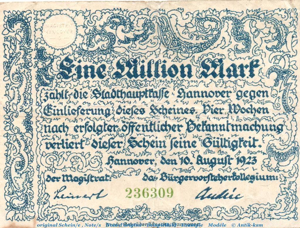 Inflation DE 1 Mio. Mk. Banknote Stadt Hannover, 1 Million Mark Schein ...