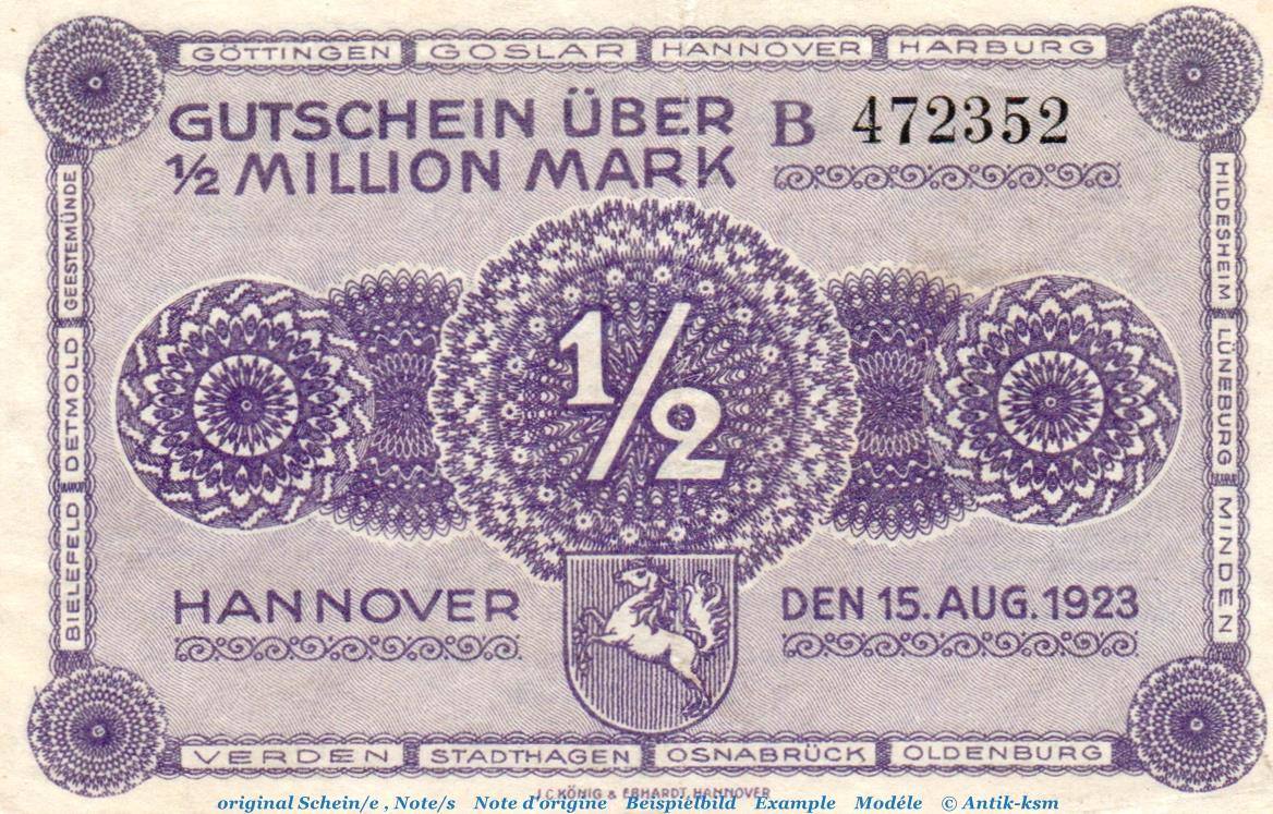 Inflation DE 1/2 Mio. - B - 1923 Banknote Ver. Handelskammer Hannover ...