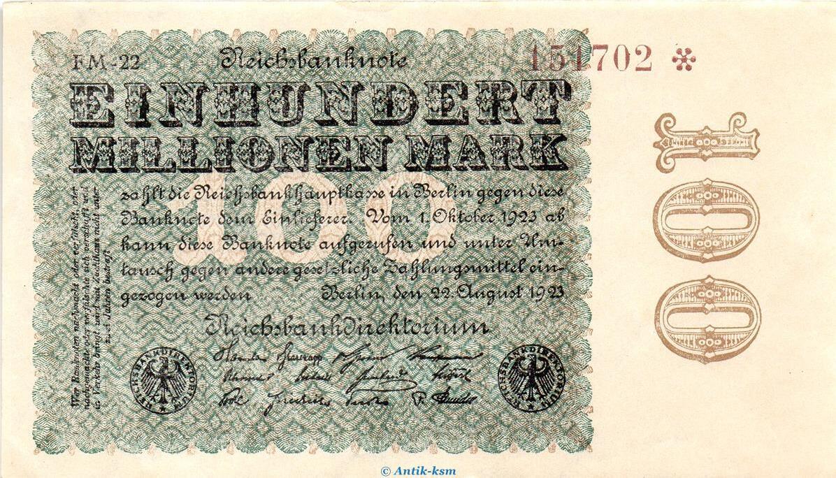 Weimarer Republik - Inflation 1923 Reichsbanknote, 100 Millionen Mark ...